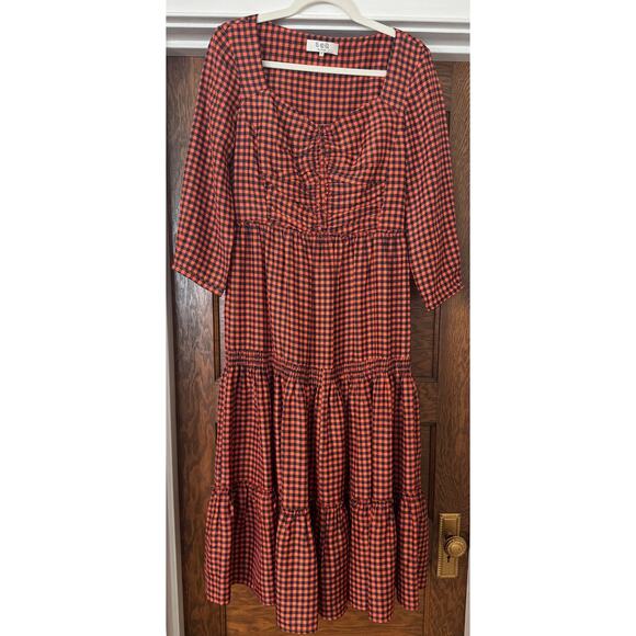 SEA NY Ethno Pop 3/4 Sleeve 100% Silk Ruched Tiered Midi Dress Size 4 - Picture 3 of 7